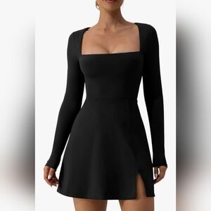 QINSEN Womens Square Neck Long Sleeve Side Slit Flare Mini  Dress PTP  15" L 30"